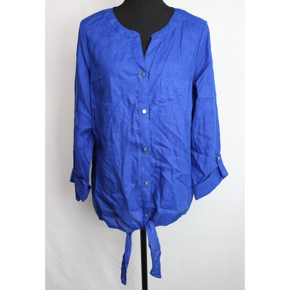 Emily Daniels Womens Royal Blue Linen Blend Button Front Tie Hem Shirt Large